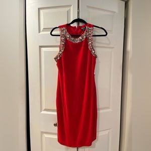 Red cocktail dress with bejeweled neckline Size 14 NWT